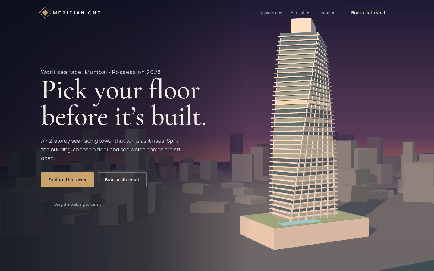 Meridian One — 3D tower explorer for a real-estate launch — concept website preview